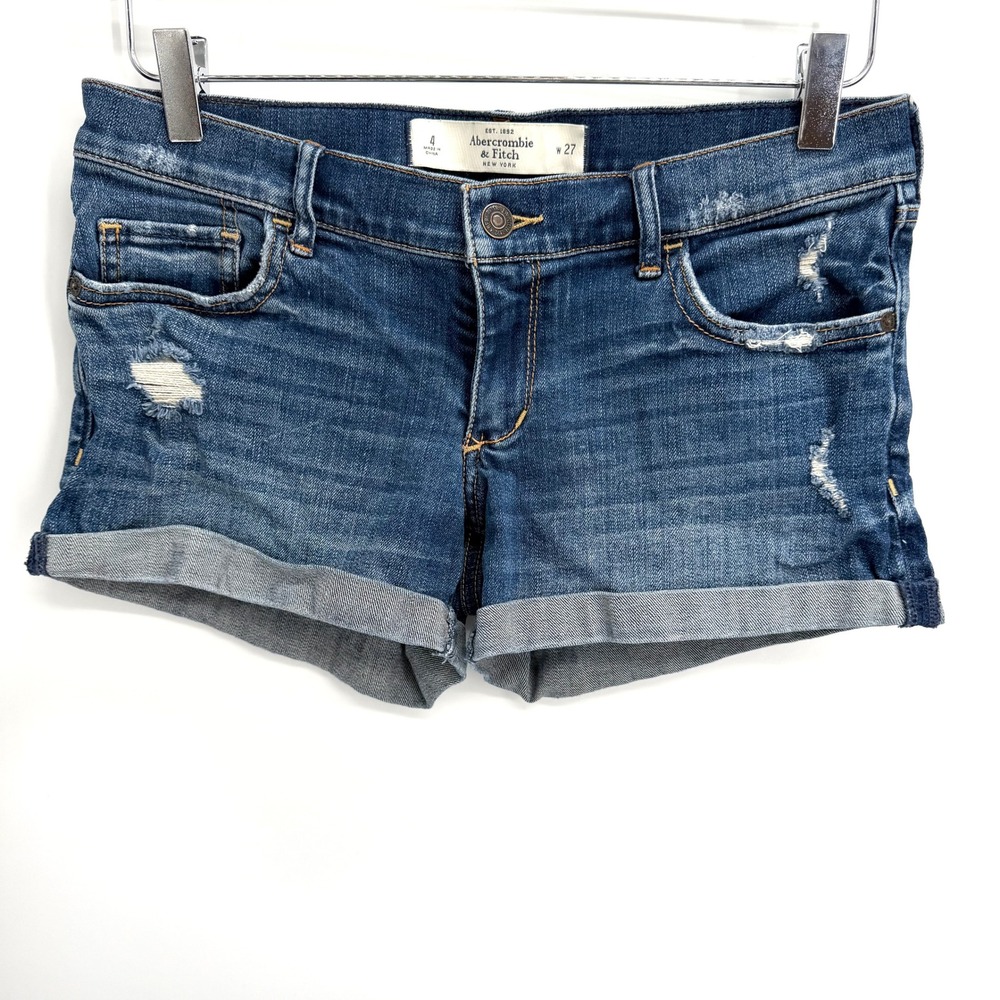 Y2K Abercrombie & Fitch Low Rise Denim Mini Shorts Size 4 Medium Wash Cuff Hem